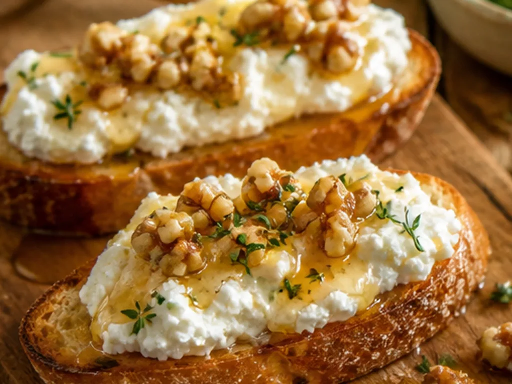 Брускетта с рикоттой и мёдом | Фото подпункта 13 | Viva Cucina Брускетта с рикоттой и мёдом: фото процесса приготовления — оставьте собранные брускетты на доске буквально на минуту, чтобы мёд слегка растёкся по рикотте