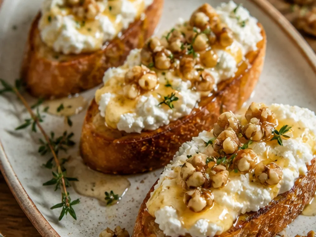 Брускетта с рикоттой и мёдом | Фото подпункта 14 | Viva Cucina Брускетта с рикоттой и мёдом: фото процесса приготовления — переложите ломти на тарелку, добавив рядом немного орехов и тимьяна для аккуратной подачи