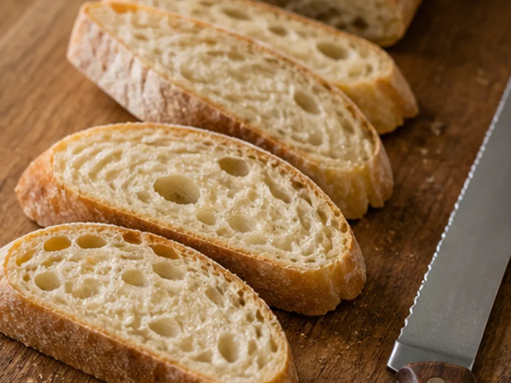 Брускетта с рикоттой и мёдом | Фото подпункта 2 | Viva Cucina Брускетта с рикоттой и мёдом: фото процесса приготовления — нарежьте чиабатту диагональными ломтями средней толщины, чтобы они успели стать хрустящими, но не пересохли