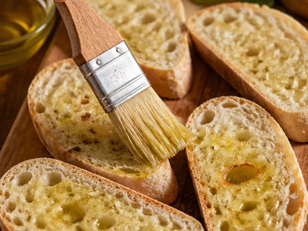 Брускетта с рикоттой и мёдом | Фото подпункта 4 | Viva Cucina Брускетта с рикоттой и мёдом: фото процесса приготовления — слегка смажьте ломти чиабатты оливковым маслом с обеих сторон