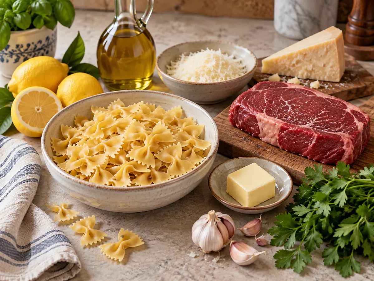 Фарфалле с говядиной и соусом лимон-чеснок | Фото подпункта 1 | Viva Cucina Фарфалле с говядиной и соусом лимон-чеснок: фото процесса приготовления — отмерьте фарфалле, говядину, лимон, чеснок, масла, пармезан и петрушку