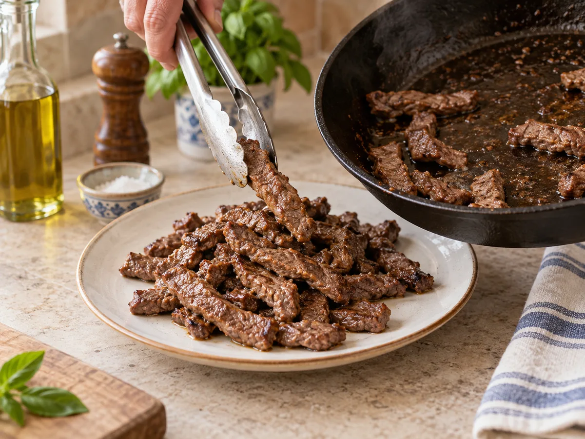 Фарфалле с говядиной и соусом лимон-чеснок | Фото подпункта 10 | Viva Cucina Фарфалле с говядиной и соусом лимон-чеснок: фото процесса приготовления — переложите готовую говядину на тарелку и сохраните соки