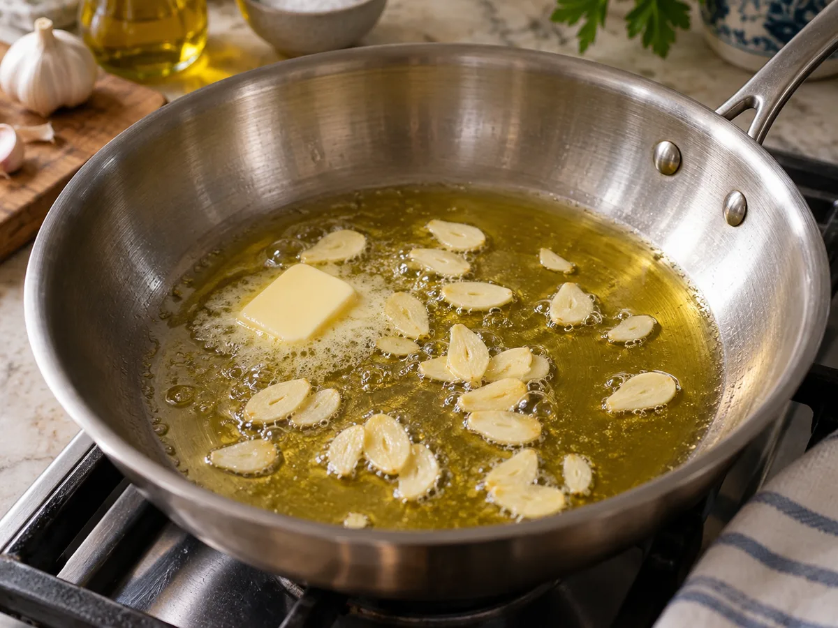 Фарфалле с говядиной и соусом лимон-чеснок | Фото подпункта 11 | Viva Cucina Фарфалле с говядиной и соусом лимон-чеснок: фото процесса приготовления — убавьте огонь и кратко прогрейте чеснок без подрумянивания