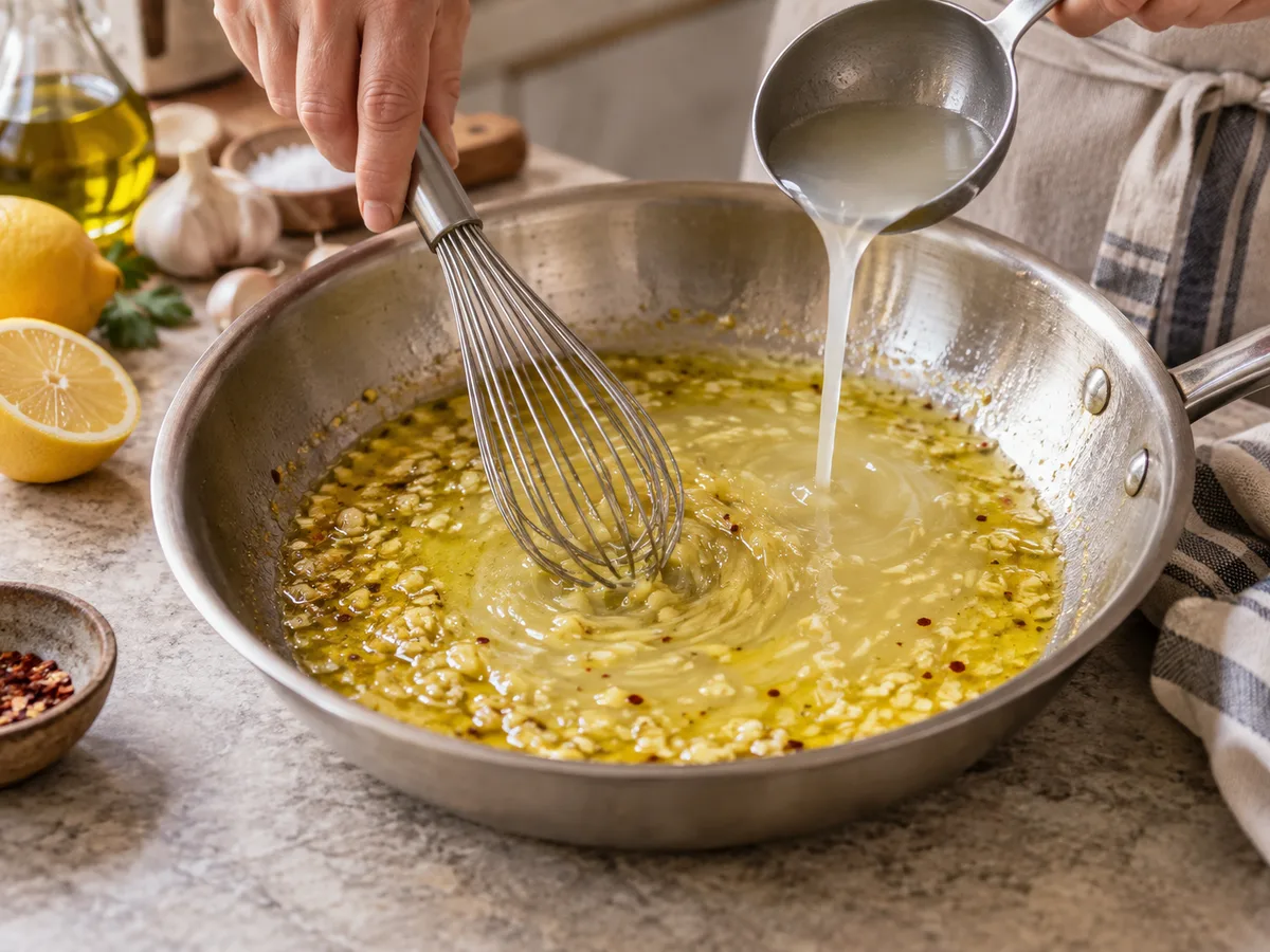 Фарфалле с говядиной и соусом лимон-чеснок | Фото подпункта 12 | Viva Cucina Фарфалле с говядиной и соусом лимон-чеснок: фото процесса приготовления — добавьте воду от пасты, сливочное масло, цедру и лимонный сок; размешайте эмульсию