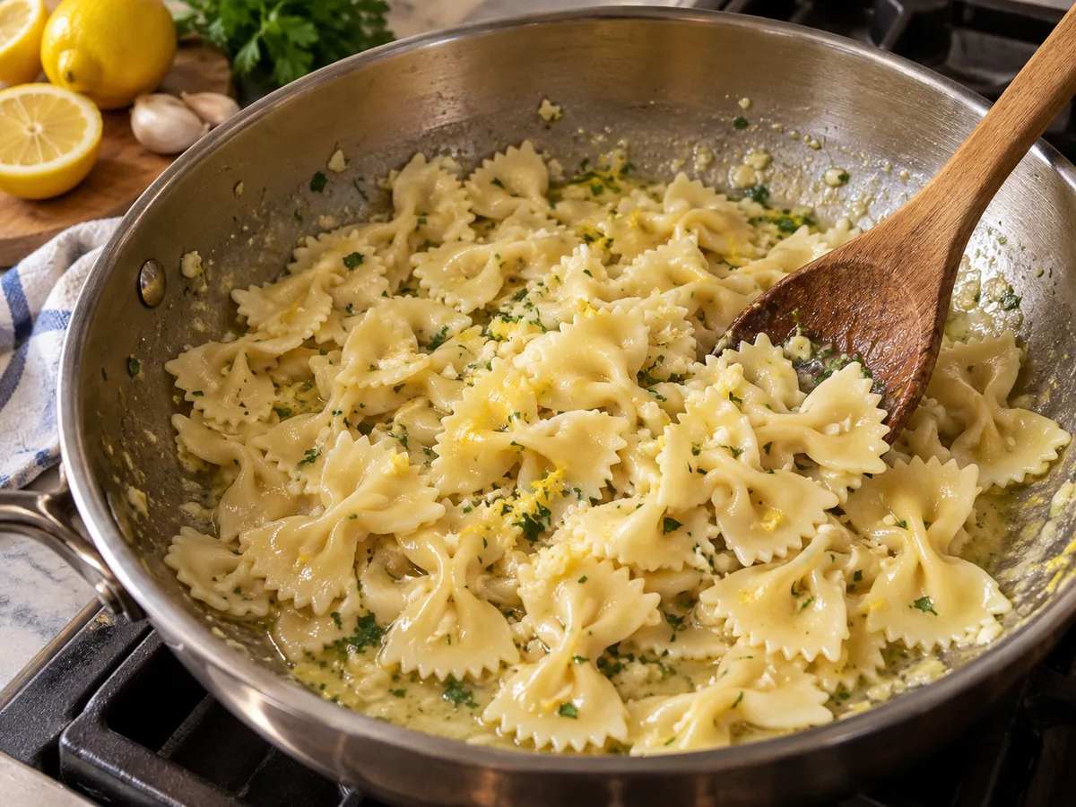 Фарфалле с говядиной и соусом лимон-чеснок | Фото подпункта 13 | Viva Cucina Фарфалле с говядиной и соусом лимон-чеснок: фото процесса приготовления — переложите фарфалле в сковороду и тщательно покройте соусом