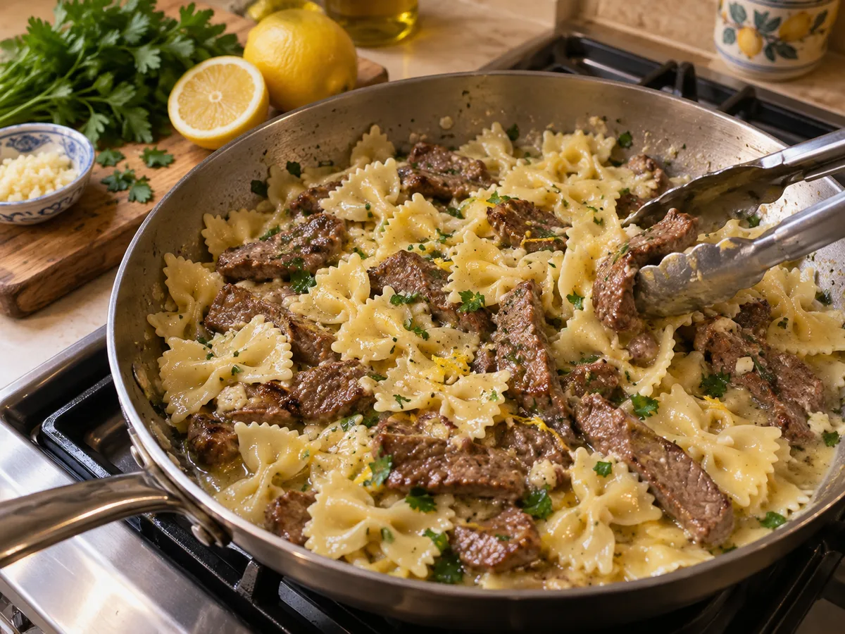 Фарфалле с говядиной и соусом лимон-чеснок | Фото подпункта 14 | Viva Cucina Фарфалле с говядиной и соусом лимон-чеснок: фото процесса приготовления — верните говядину и перемешайте с пастой, петрушкой и частью пармезана