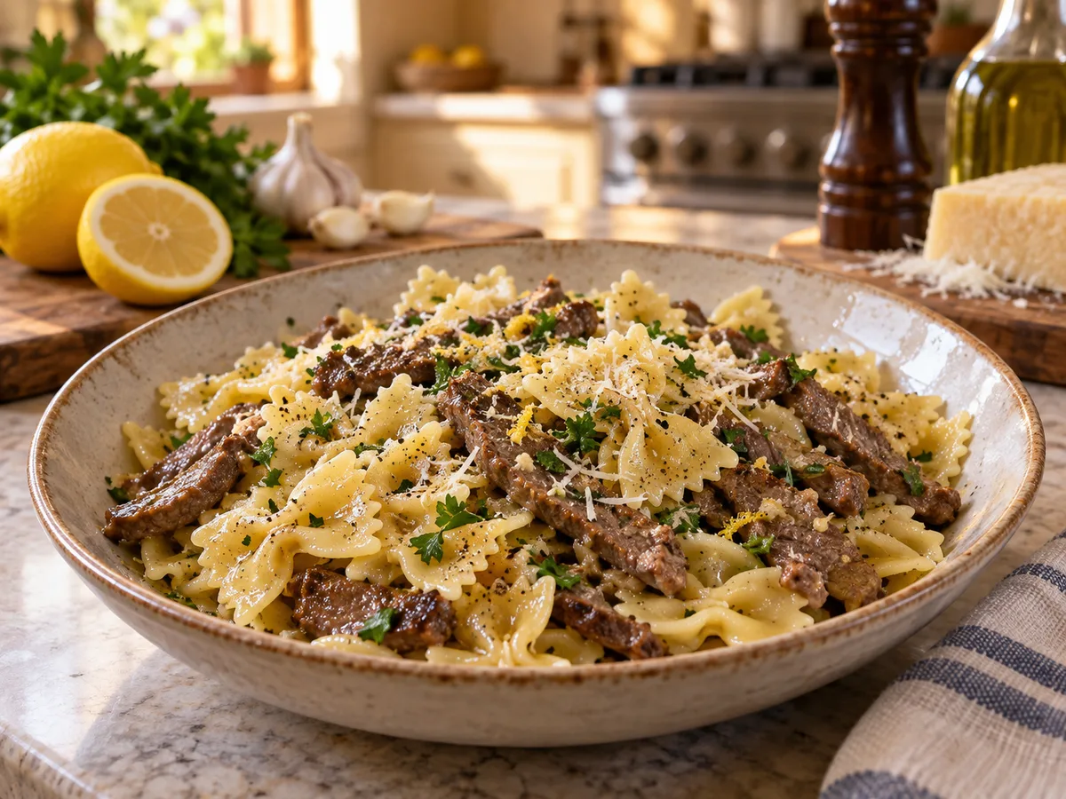 Фарфалле с говядиной и соусом лимон-чеснок | Фото подпункта 15 | Viva Cucina Фарфалле с говядиной и соусом лимон-чеснок: фото процесса приготовления — разложите по тарелкам, добавьте пармезан, перец и немного цедры