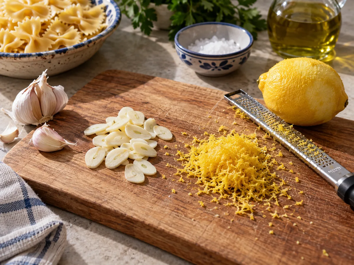 Фарфалле с говядиной и соусом лимон-чеснок | Фото подпункта 4 | Viva Cucina Фарфалле с говядиной и соусом лимон-чеснок: фото процесса приготовления — тонко нарежьте чеснок, снимите цедру и выжмите сок лимона