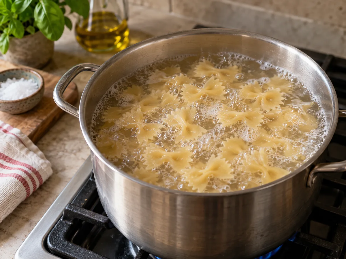 Фарфалле с говядиной и соусом лимон-чеснок | Фото подпункта 6 | Viva Cucina Фарфалле с говядиной и соусом лимон-чеснок: фото процесса приготовления — всыпьте фарфалле и варите до состояния al dente