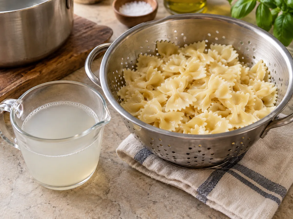 Фарфалле с говядиной и соусом лимон-чеснок | Фото подпункта 7 | Viva Cucina Фарфалле с говядиной и соусом лимон-чеснок: фото процесса приготовления — сохраните чашку воды от варки и откиньте фарфалле на дуршлаг