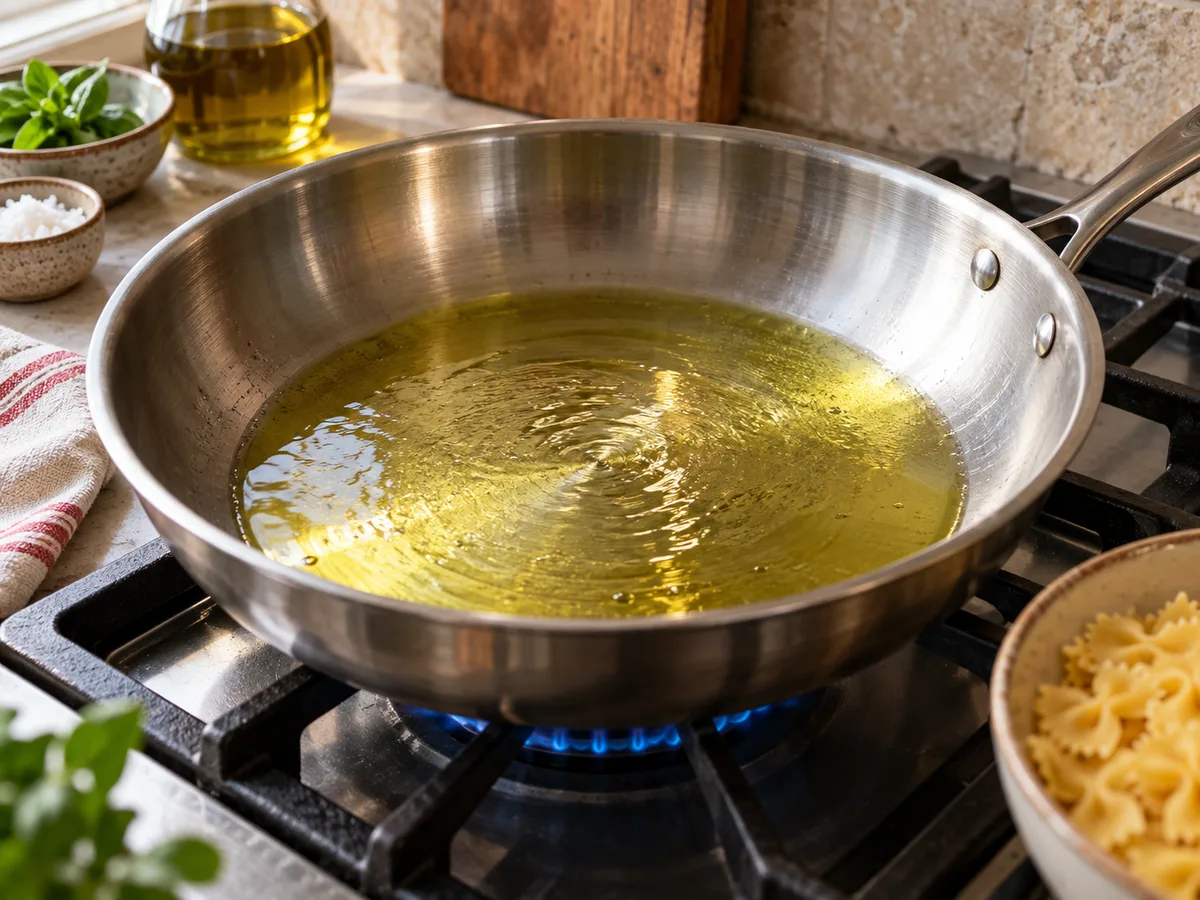 Фарфалле с говядиной и соусом лимон-чеснок | Фото подпункта 8 | Viva Cucina Фарфалле с говядиной и соусом лимон-чеснок: фото процесса приготовления — разогрейте оливковое масло в широкой сковороде