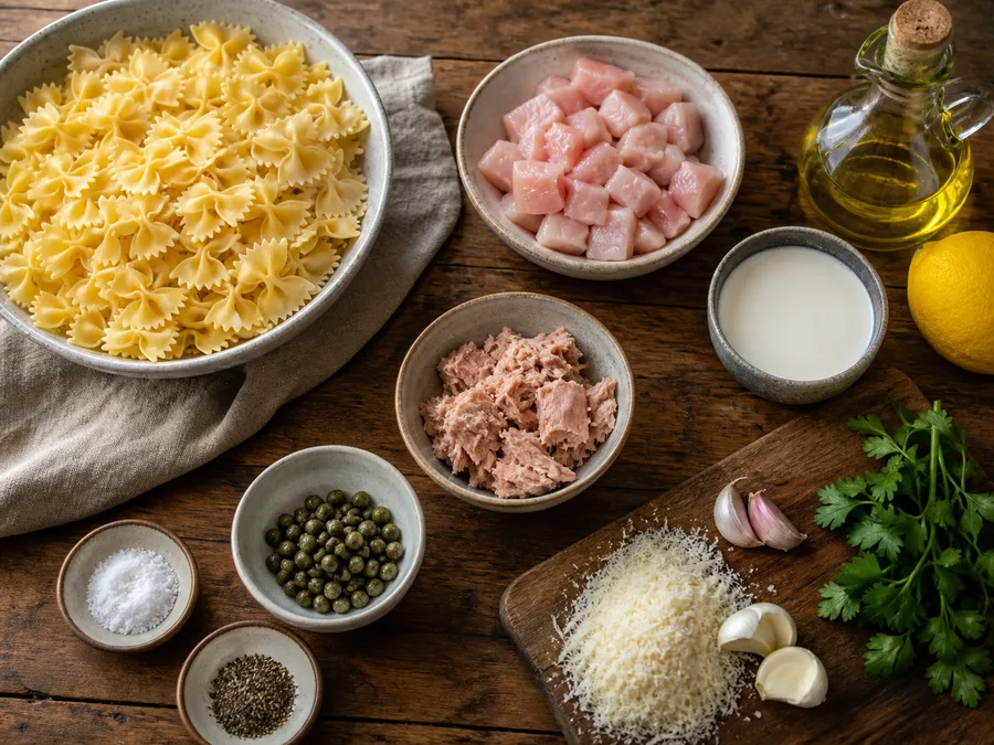 Фарфалле с курицей и соусом из тунца и каперсов: фото процесса приготовления — разложите Пармезан тёртый, соль, масло, специи и нужную посуду так, чтобы всё было под рукой до начала готовки