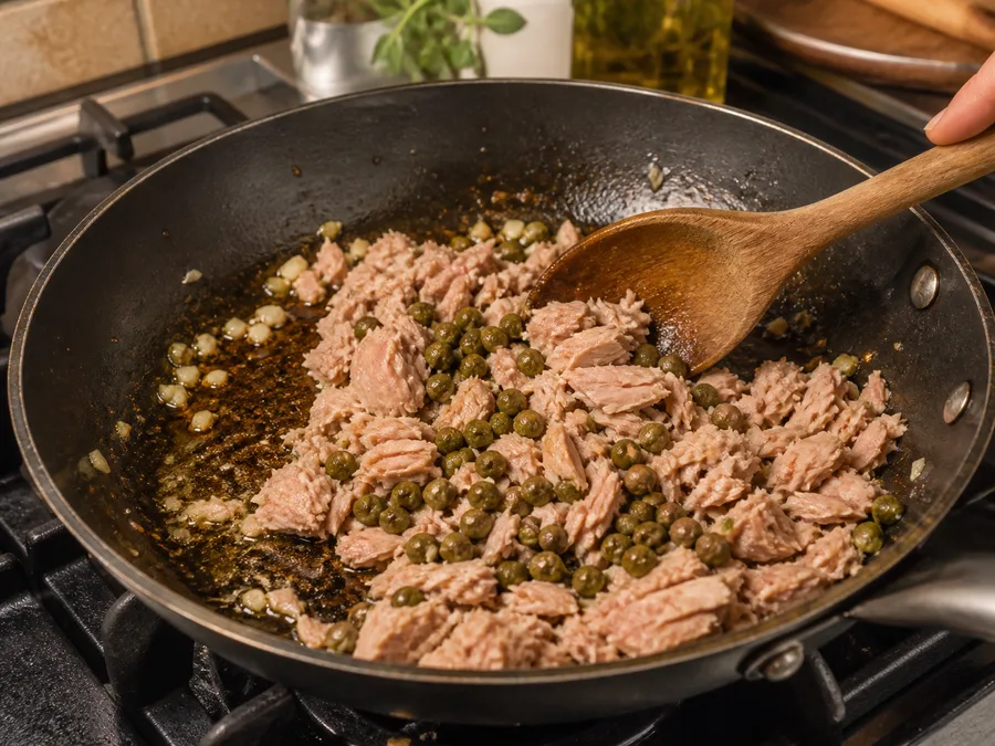 Фарфалле с курицей и соусом из тунца и каперсов: фото процесса приготовления — снимите или отложите всё, что не должно долго готовиться, чтобы вернуть это в блюдо ближе к финалу