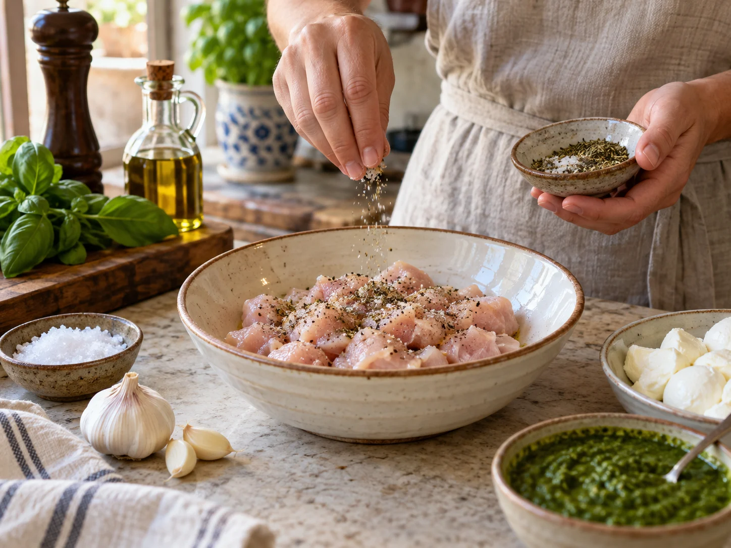 Фокачча с начинкой: курица и песто: фото процесса приготовления — нарежьте, отмерьте и подготовьте ингредиенты для первого активного этапа, чтобы дальше работать без пауз