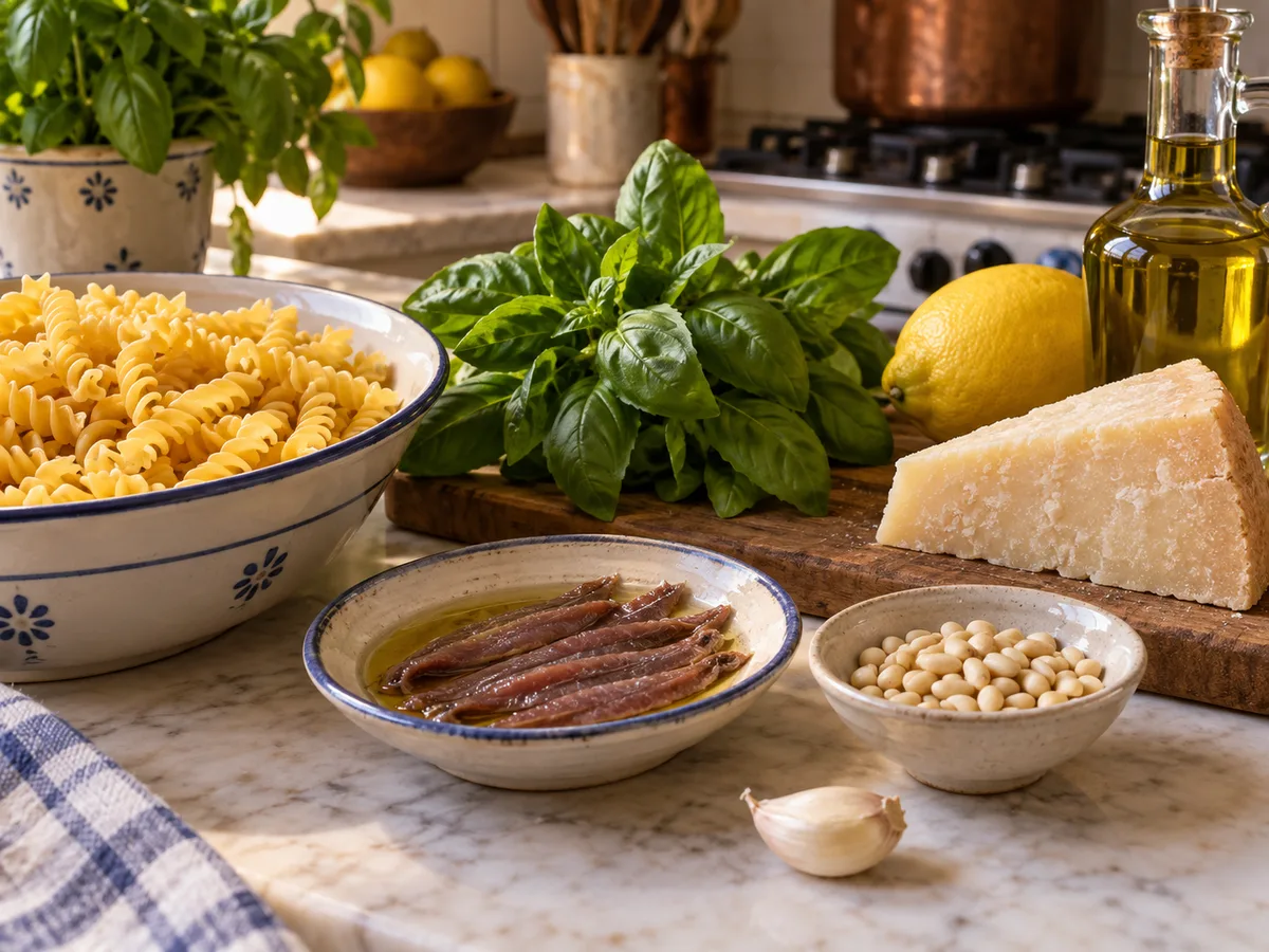Фузилли с анчоусами и песто | Фото подпункта 1 | Viva Cucina Фузилли с анчоусами и песто: фото процесса приготовления — отмерьте фузилли, базилик, анчоусы, орехи, пармезан, чеснок и масло