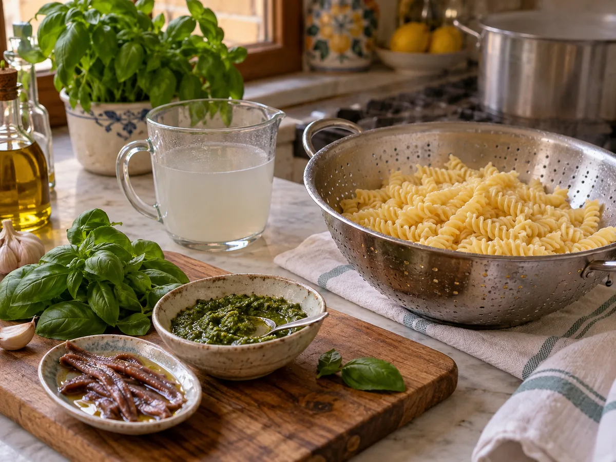 Фузилли с анчоусами и песто | Фото подпункта 11 | Viva Cucina Фузилли с анчоусами и песто: фото процесса приготовления — сохраните чашку воды и откиньте пасту на дуршлаг