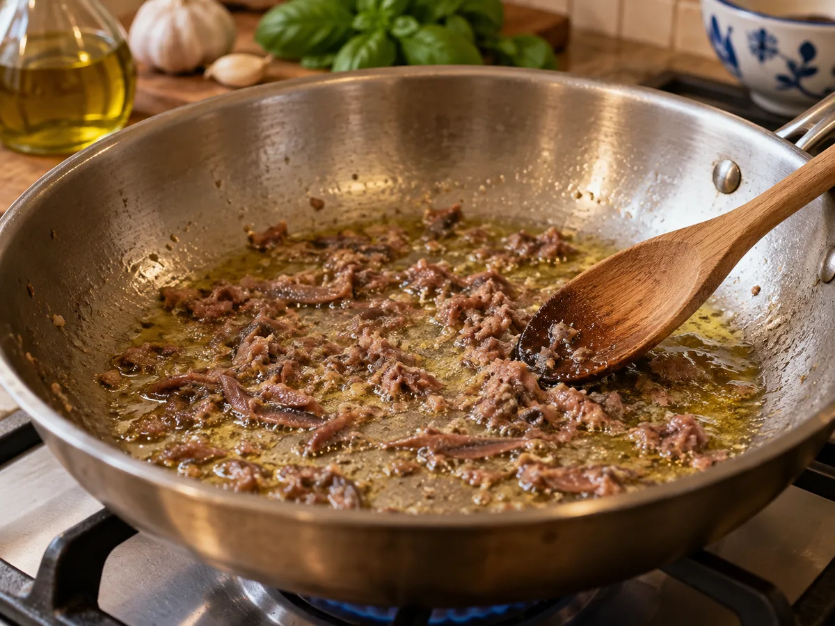 Фузилли с анчоусами и песто | Фото подпункта 12 | Viva Cucina Фузилли с анчоусами и песто: фото процесса приготовления — на слабом огне растворите анчоусы в небольшом количестве масла