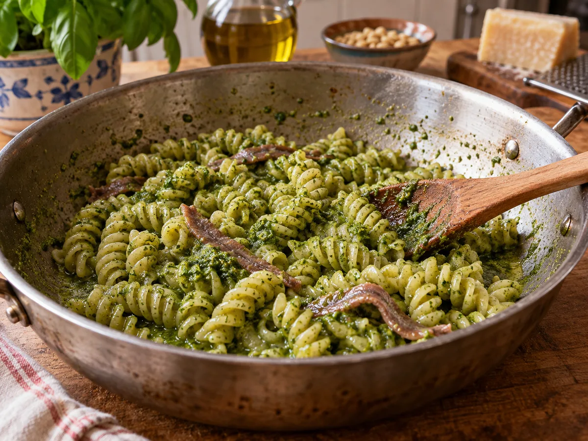 Фузилли с анчоусами и песто | Фото подпункта 14 | Viva Cucina Фузилли с анчоусами и песто: фото процесса приготовления — снимите с огня, вмешайте песто и немного воды от пасты