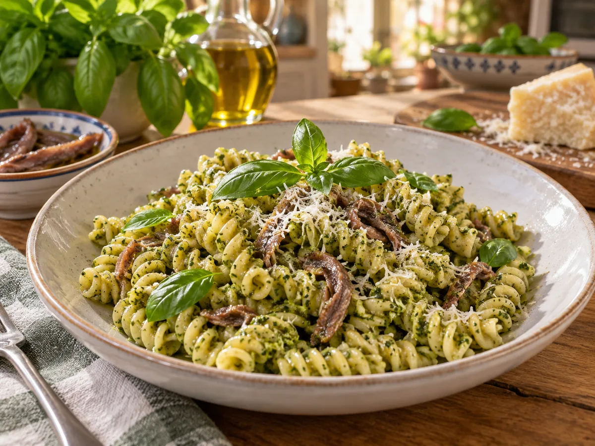 Фузилли с анчоусами и песто | Фото подпункта 15 | Viva Cucina Фузилли с анчоусами и песто: фото процесса приготовления — разложите по тарелкам и добавьте пармезан и базилик
