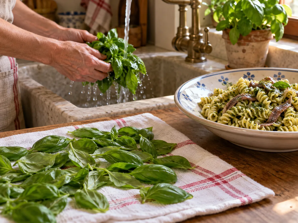 Фузилли с анчоусами и песто | Фото подпункта 2 | Viva Cucina Фузилли с анчоусами и песто: фото процесса приготовления — вымойте базилик и тщательно обсушите листья