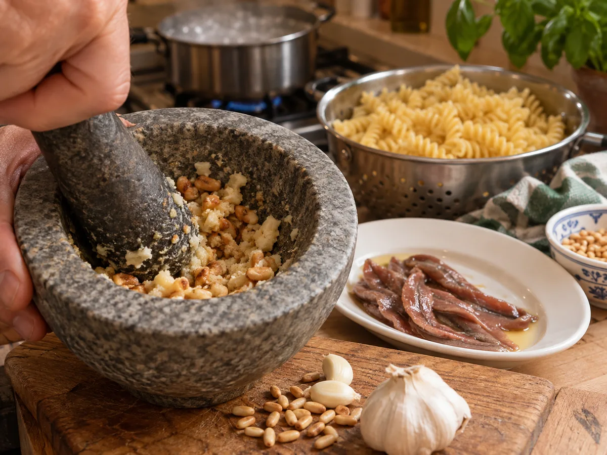 Фузилли с анчоусами и песто | Фото подпункта 4 | Viva Cucina Фузилли с анчоусами и песто: фото процесса приготовления — разотрите чеснок и орехи в ступке
