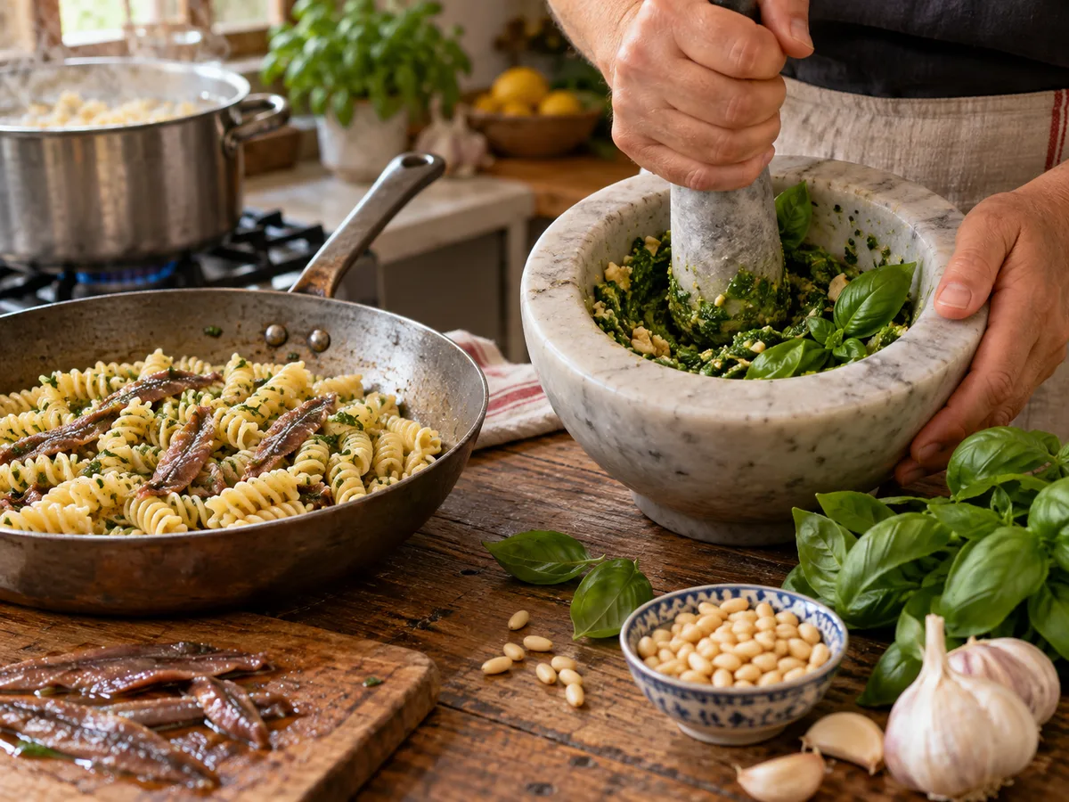 Фузилли с анчоусами и песто | Фото подпункта 5 | Viva Cucina Фузилли с анчоусами и песто: фото процесса приготовления — добавьте базилик и разотрите в зелёную пасту