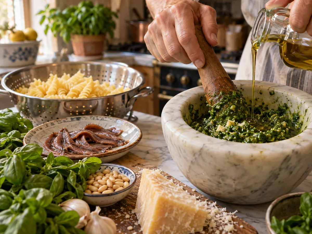 Фузилли с анчоусами и песто | Фото подпункта 6 | Viva Cucina Фузилли с анчоусами и песто: фото процесса приготовления — вмешайте пармезан и оливковое масло