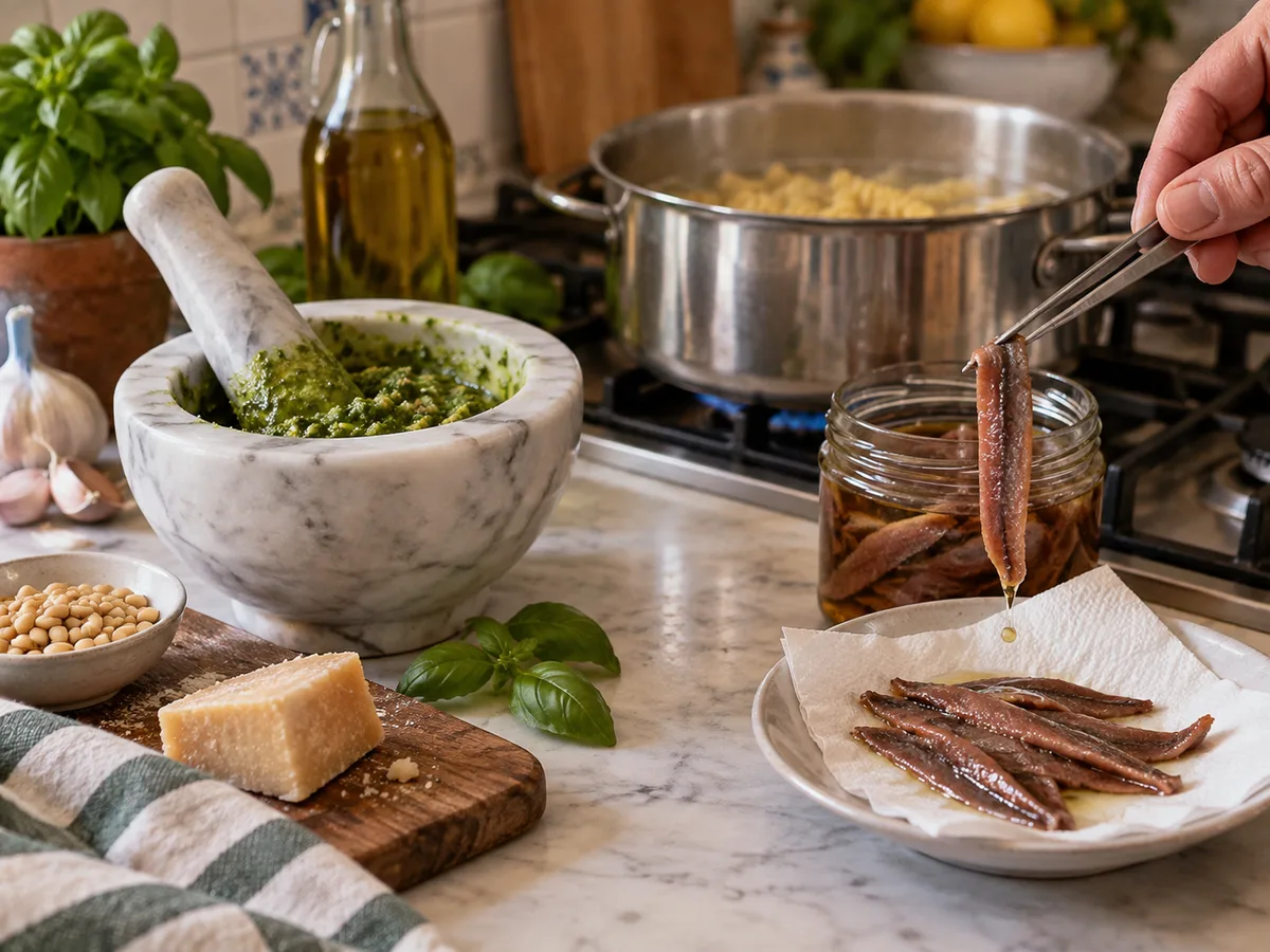 Фузилли с анчоусами и песто | Фото подпункта 7 | Viva Cucina Фузилли с анчоусами и песто: фото процесса приготовления — слейте лишнее масло с филе анчоусов