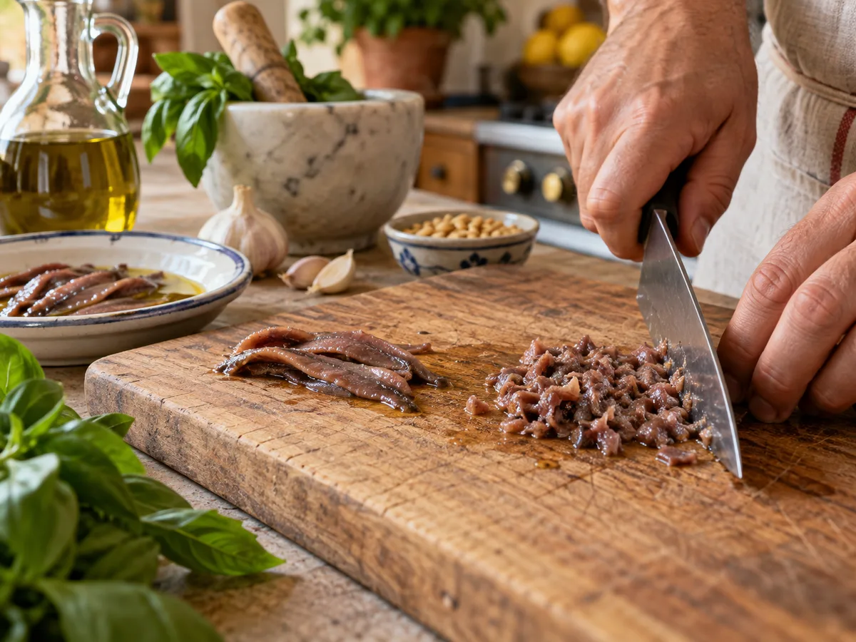 Фузилли с анчоусами и песто | Фото подпункта 8 | Viva Cucina Фузилли с анчоусами и песто: фото процесса приготовления — мелко порубите анчоусы