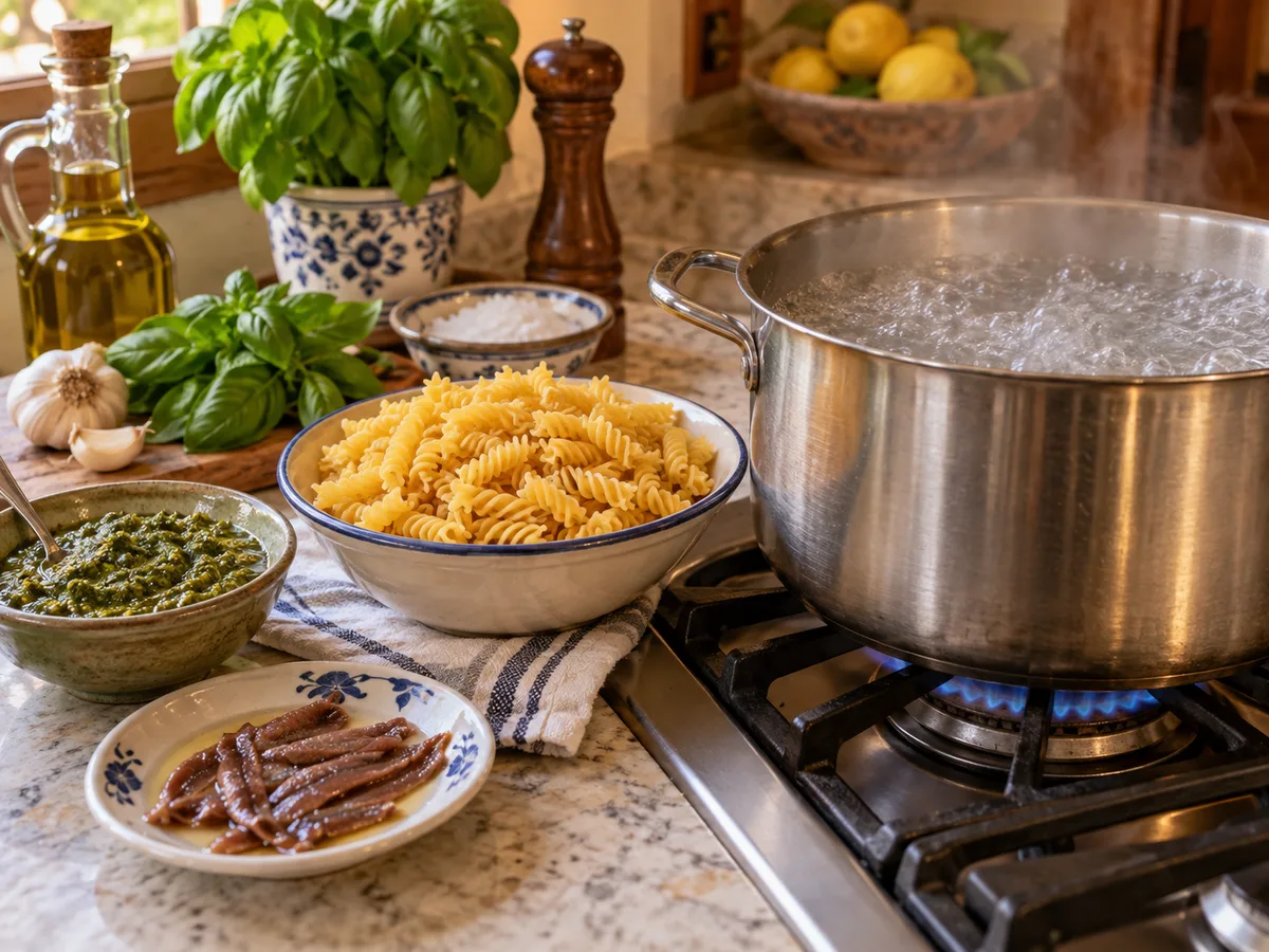 Фузилли с анчоусами и песто | Фото подпункта 9 | Viva Cucina Фузилли с анчоусами и песто: фото процесса приготовления — вскипятите большую кастрюлю умеренно подсоленной воды