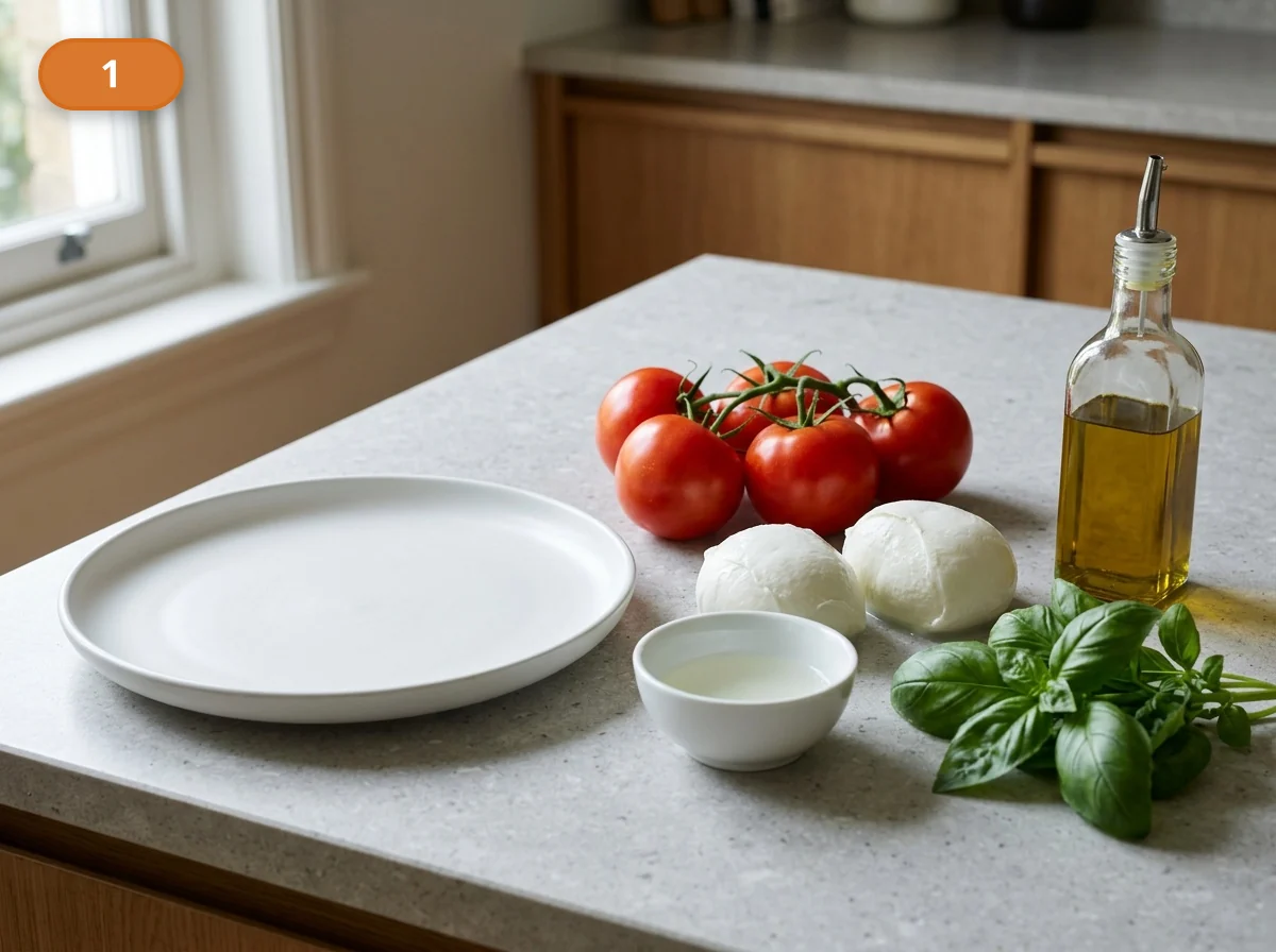 Капрезе: фото процесса приготовления — подготовьте цельные спелые томаты, целую моцареллу, базилик и хорошее оливковое масло, разложив всё рядом и пока ничего не нарезая