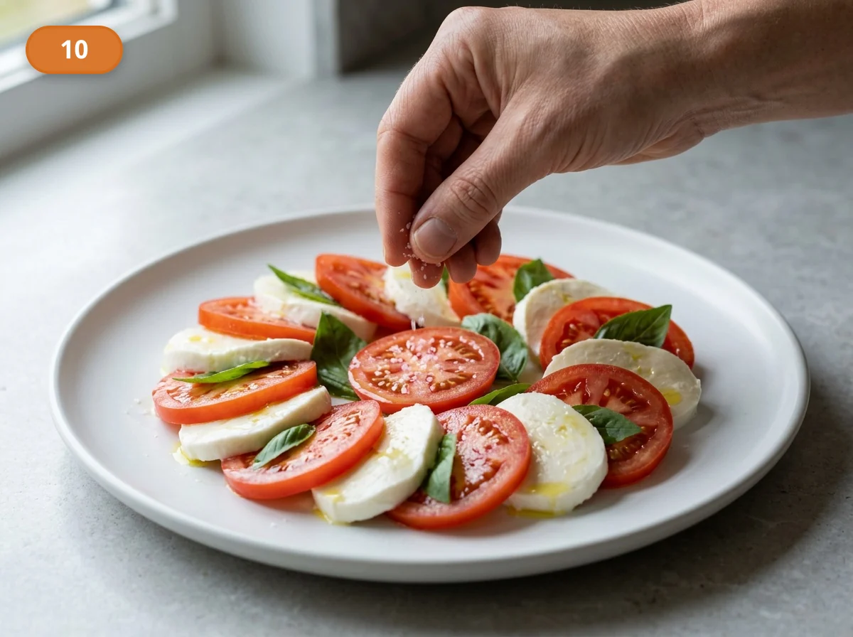 Капрезе: фото процесса приготовления — слегка посолите томаты и моцареллу уже на тарелке, чтобы соль легла тонко и не вытянула слишком много влаги сразу