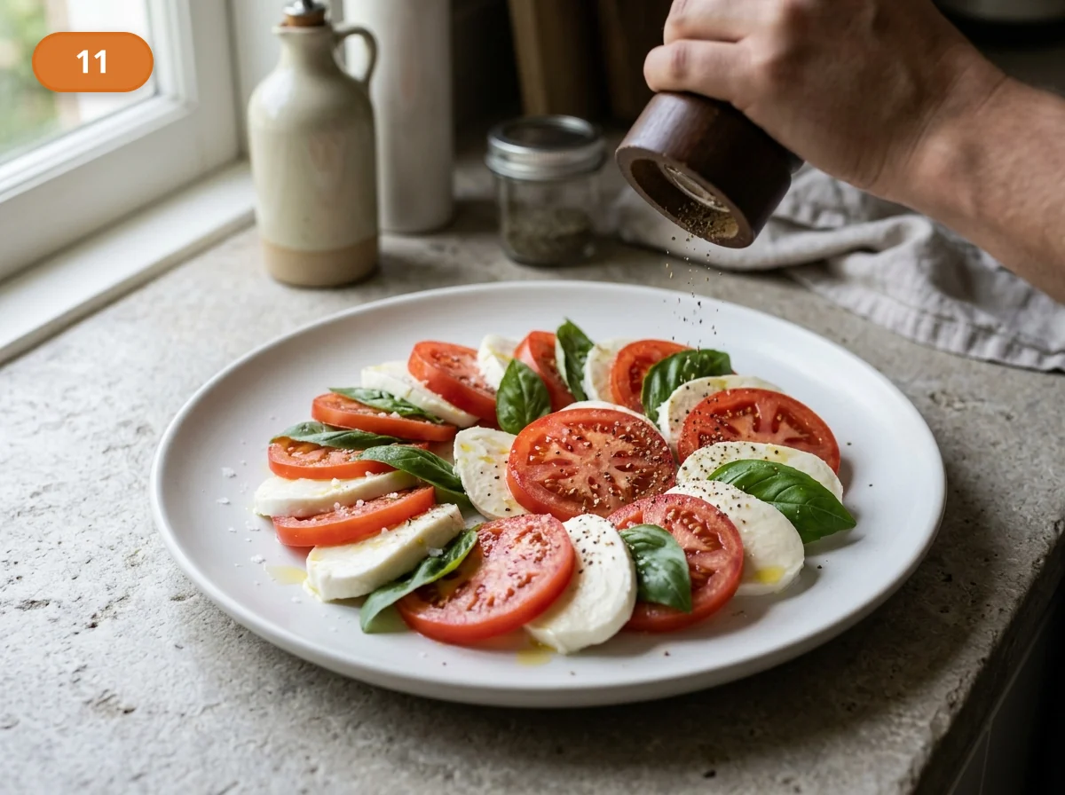 Капрезе: фото процесса приготовления — добавьте немного свежемолотого чёрного перца, распределяя его точечно, а не сплошным плотным слоем