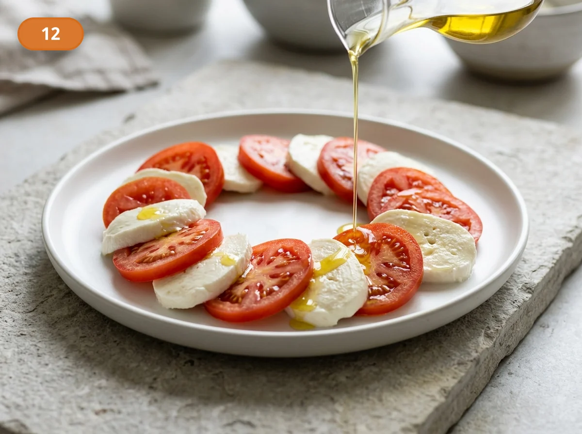 Капрезе: фото процесса приготовления — тонкой струёй полейте салат оливковым маслом extra vergine, давая ему блеск и мягкое связующее движение
