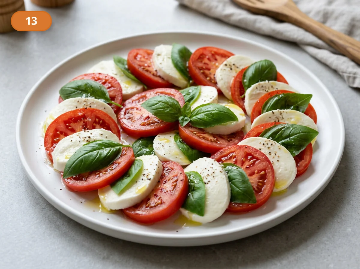 Капрезе: фото процесса приготовления — оставьте салат на минуту при комнатной температуре, чтобы масло и сок томатов начали соединяться на поверхности
