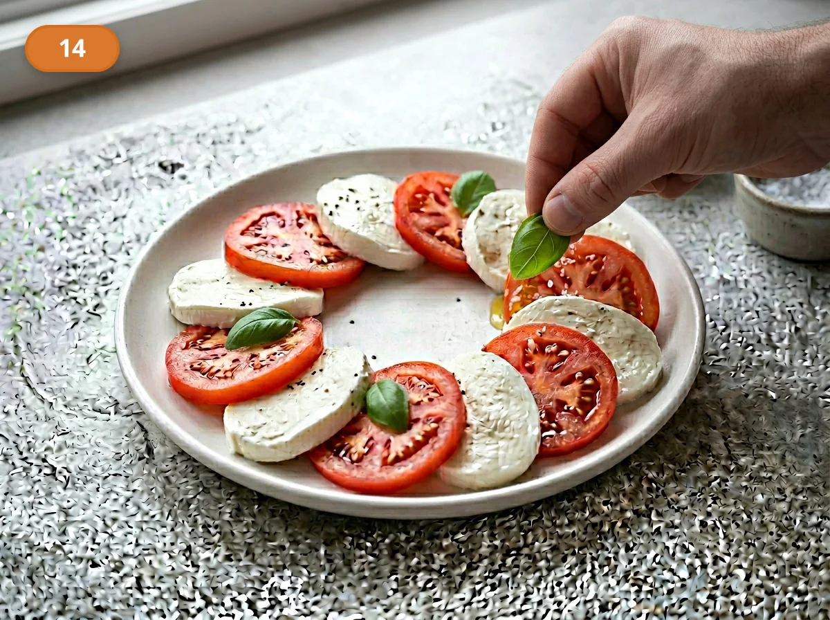 Капрезе: фото процесса приготовления — при желании добавьте ещё пару целых листьев базилика сверху как последний свежий акцент перед подачей