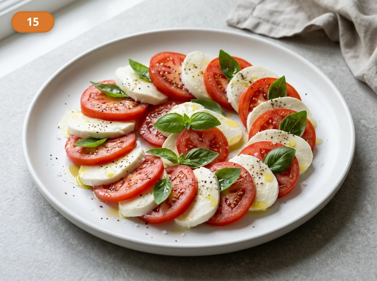 Капрезе: фото процесса приготовления — подавайте капрезе сразу на широкой тарелке, пока ломтики держат форму, а поверхность остаётся свежей и блестящей