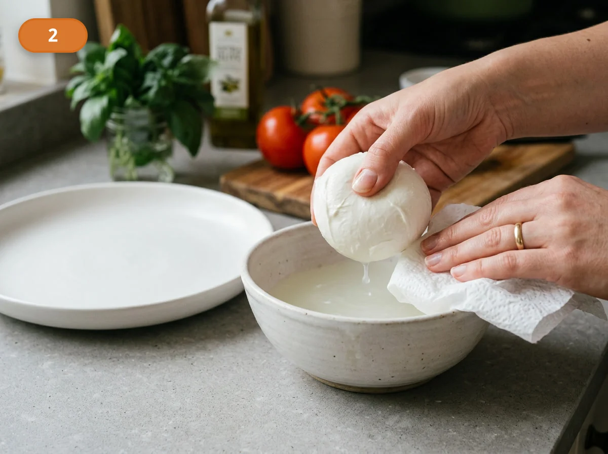 Капрезе: фото процесса приготовления — достаньте моцареллу из рассола и аккуратно обсушите её, чтобы на тарелке не скапливалась лишняя влага