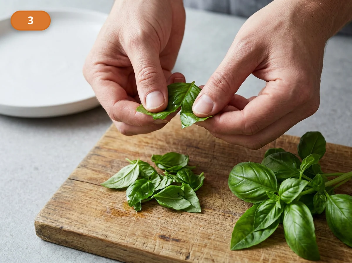 Капрезе: фото процесса приготовления — оборвите самые красивые листья базилика и оставьте их сухими и целыми для финальной сборки