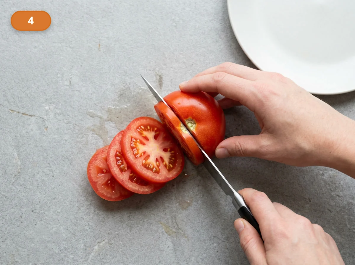 Капрезе: фото процесса приготовления — нарежьте томаты кругами средней толщины, стараясь сохранить сок внутри ломтиков и не раздавить мякоть