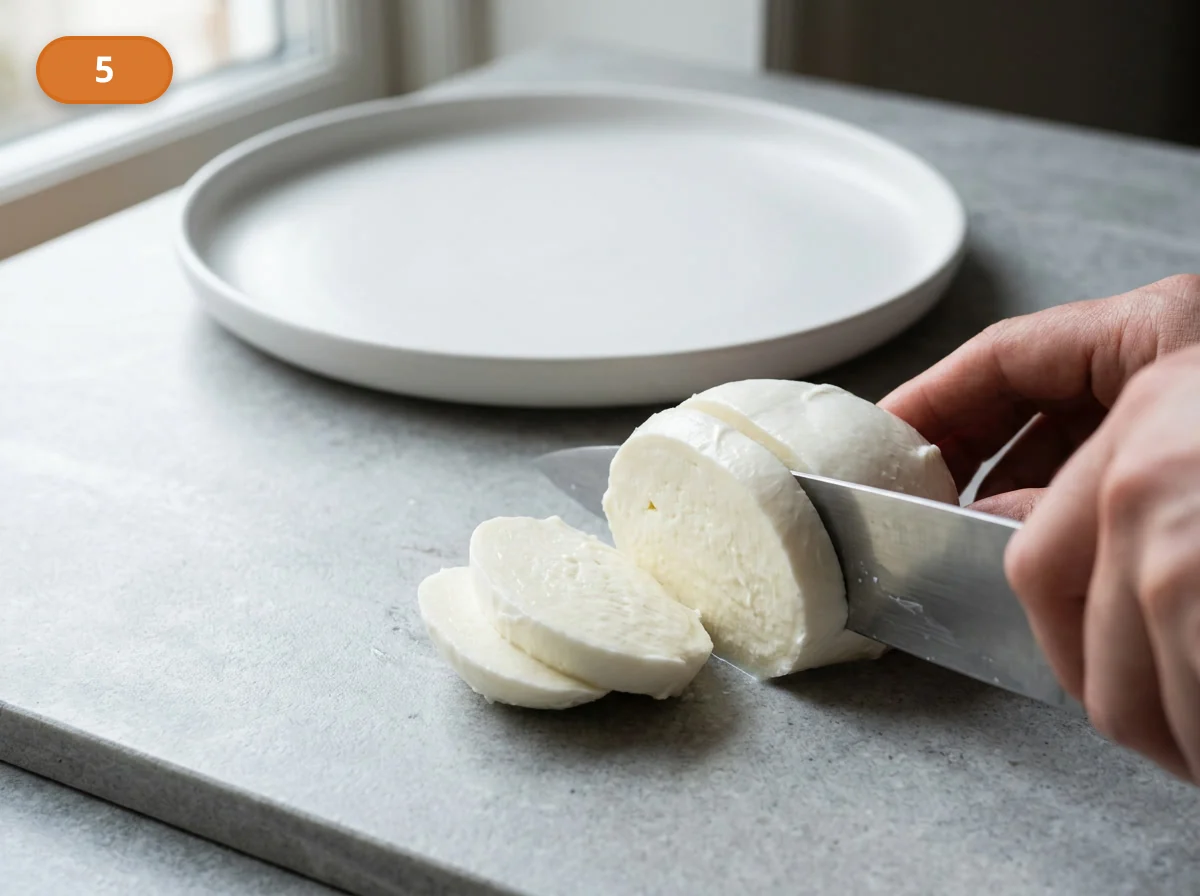 Капрезе: фото процесса приготовления — нарежьте моцареллу кругами или крупными ломтиками близкой толщины, чтобы она совпадала с томатами по размеру