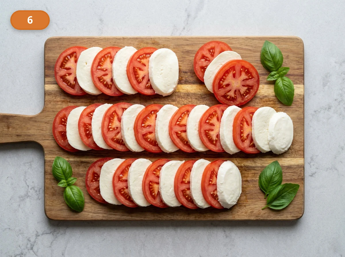 Капрезе: фото процесса приготовления — разложите ломтики томатов и моцареллы рядом на доске, быстро проверяя, что они будут хорошо чередоваться на тарелке