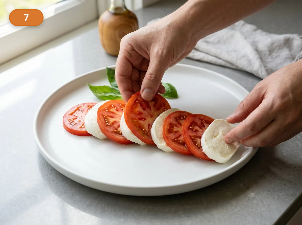 Капрезе: фото процесса приготовления — начните выкладывать ломтики на широкую тарелку, чередуя томаты и моцареллу в равномерном порядке