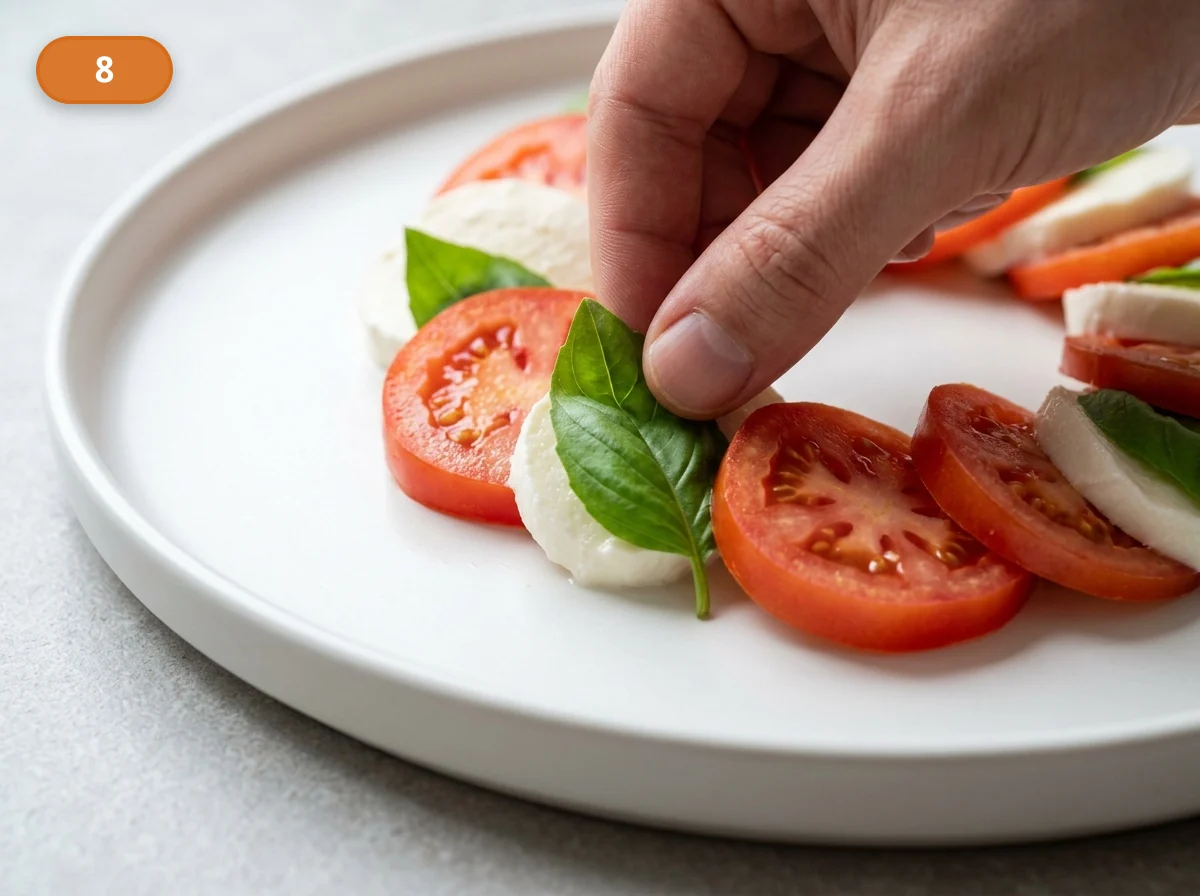 Капрезе: фото процесса приготовления — вставьте листья базилика между слоями или поверх них, чтобы зелёные акценты распределялись по всей тарелке