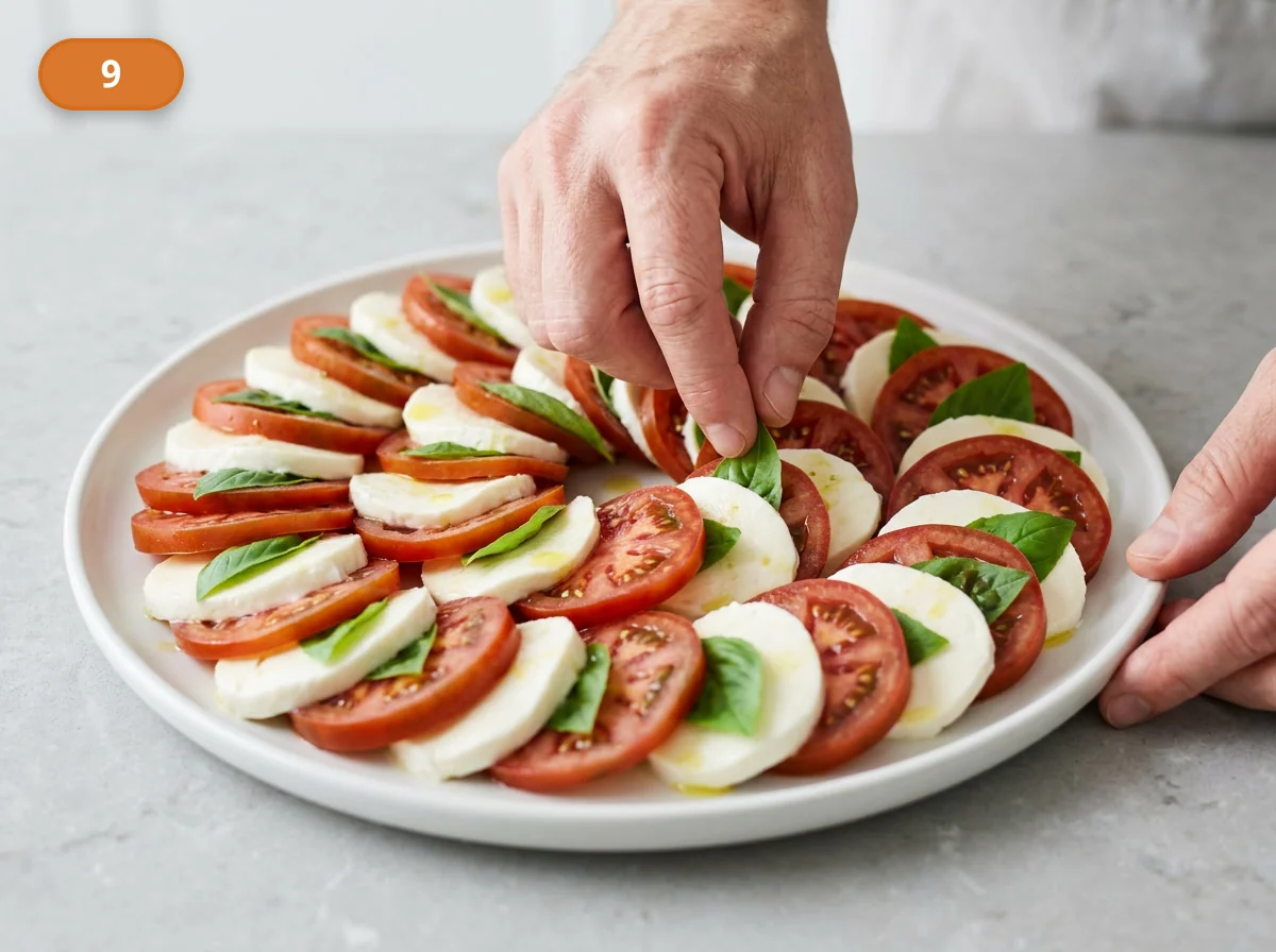 Капрезе: фото процесса приготовления — аккуратно поправьте композицию руками, оставляя между ломтиками немного воздуха и не ломая форму продуктов