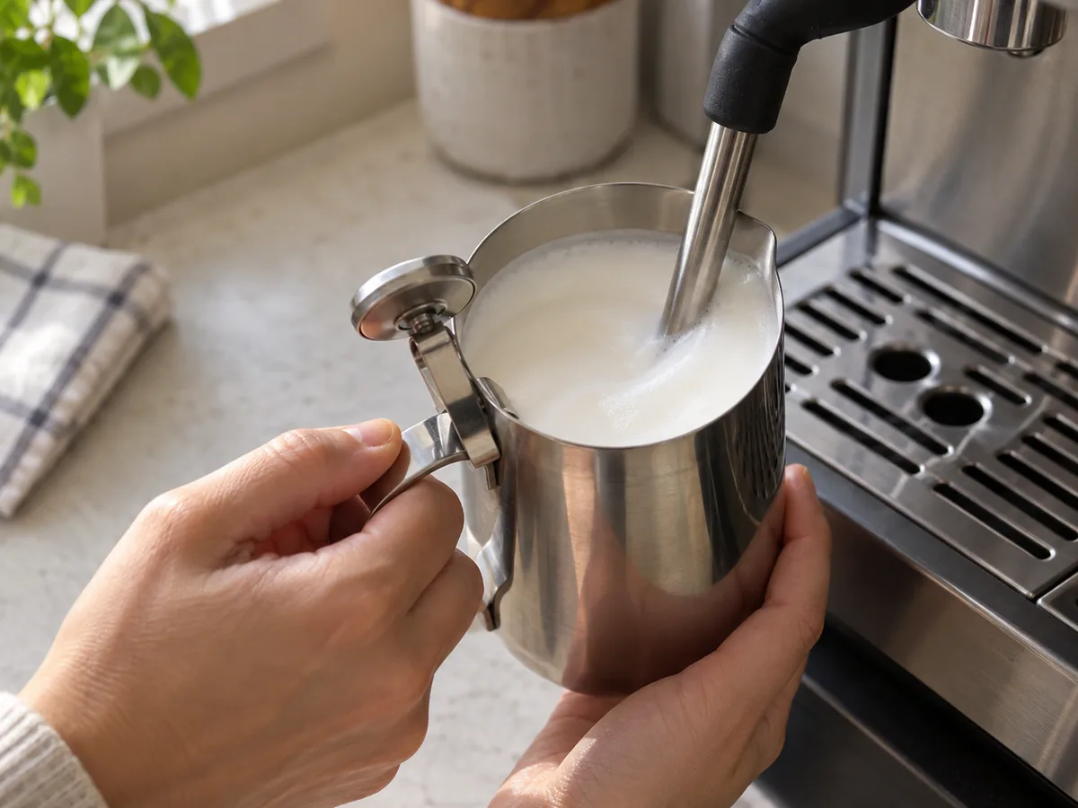Капучино: пропорции эспрессо и молока | Фото подпункта 11 | Viva Cucina Капучино: пропорции эспрессо и молока: фото процесса приготовления — при температуре около 55 °C выключите пар до извлечения трубки; объём молока с пеной будет примерно 125 мл