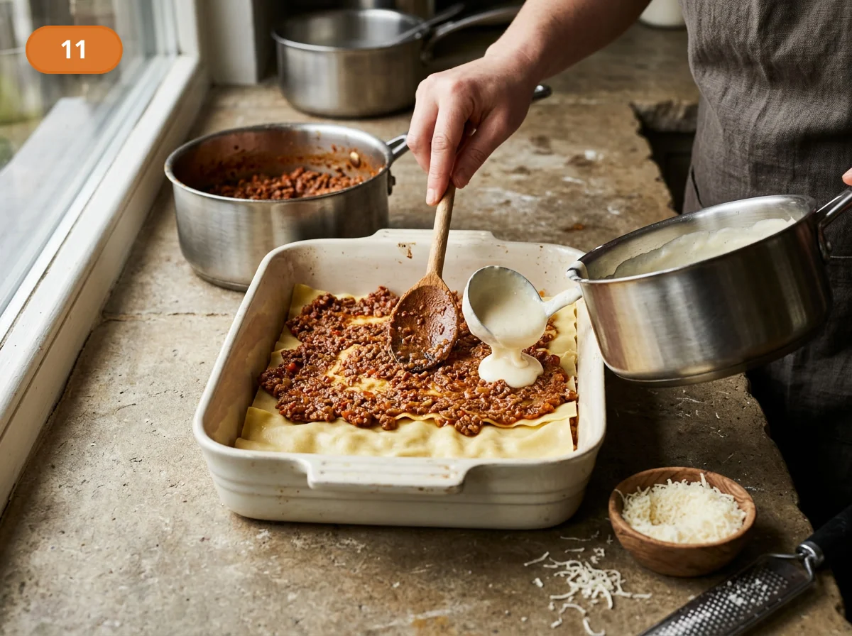 Лазанья болоньезе: фото процесса приготовления — распределите сверху рагу, бешамель и немного пармезана, не перегружая слой и оставляя покрытие ровным