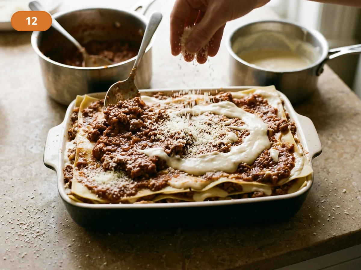 Лазанья болоньезе: фото процесса приготовления — повторяйте слои до заполнения формы, а верх завершите листами, тонким слоем рагу, бешамелем и пармезаном