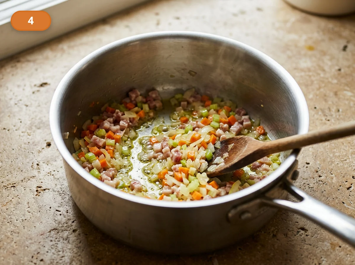 Лазанья болоньезе: фото процесса приготовления — прогрейте панчетту в масле, затем добавьте лук, морковь и сельдерей и доведите их до мягкости и сладкого аромата без сильной поджарки