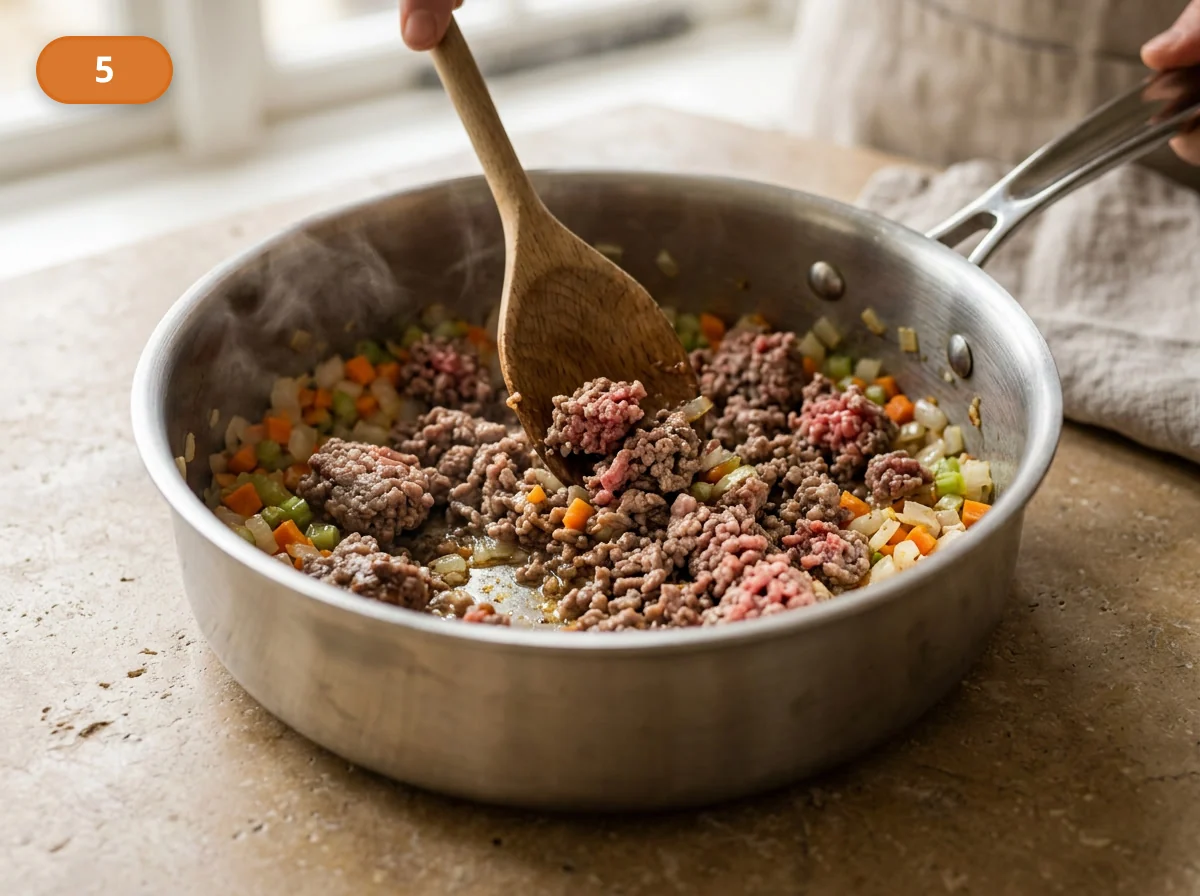 Лазанья болоньезе: фото процесса приготовления — всыпьте фарш и разбивайте его лопаткой, пока мясо не потеряет сырой цвет и не начнёт слегка подрумяниваться мелкими кусочками